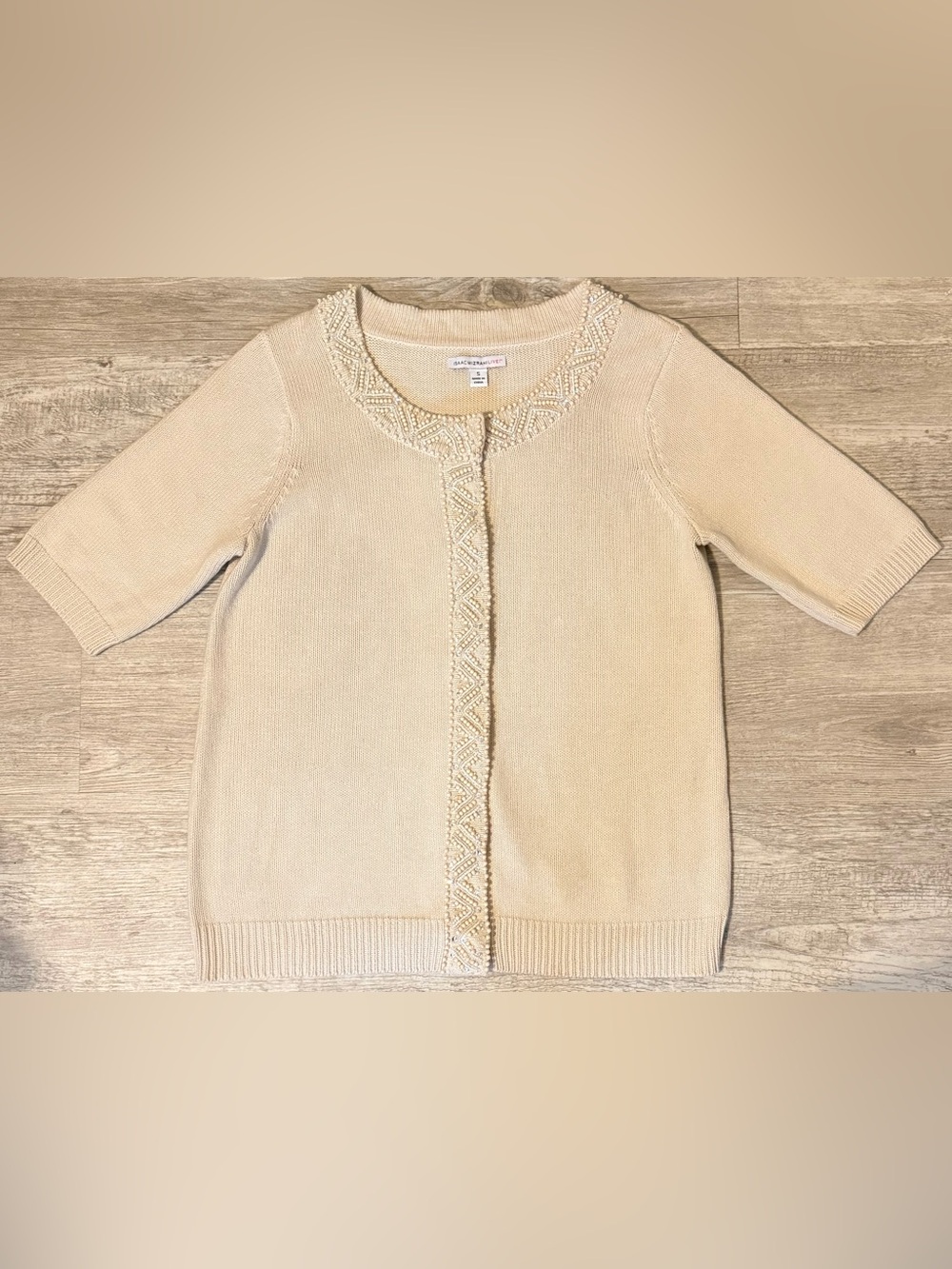 Isaac Mizrahi Live Small Cream Beaded Embellished Cotton Knit Cardigan